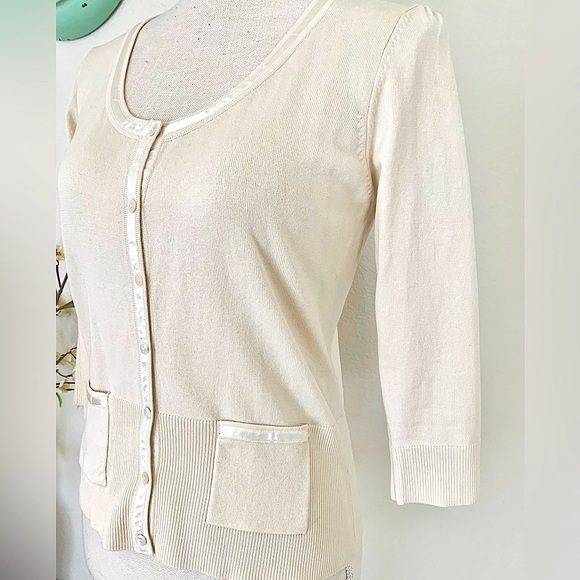 CAbi Tan Cardigan w/ Ribbon Edging - Picture 2 of 15